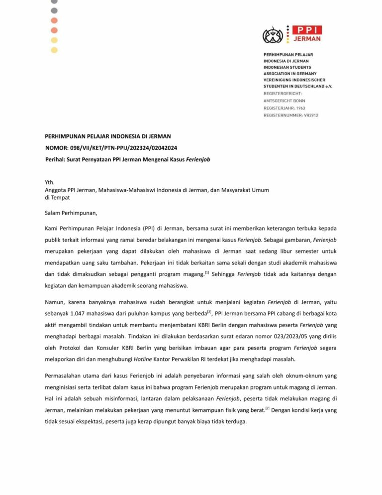 Surat Pernyataan PPI Jerman Mengenai Kasus Ferienjob